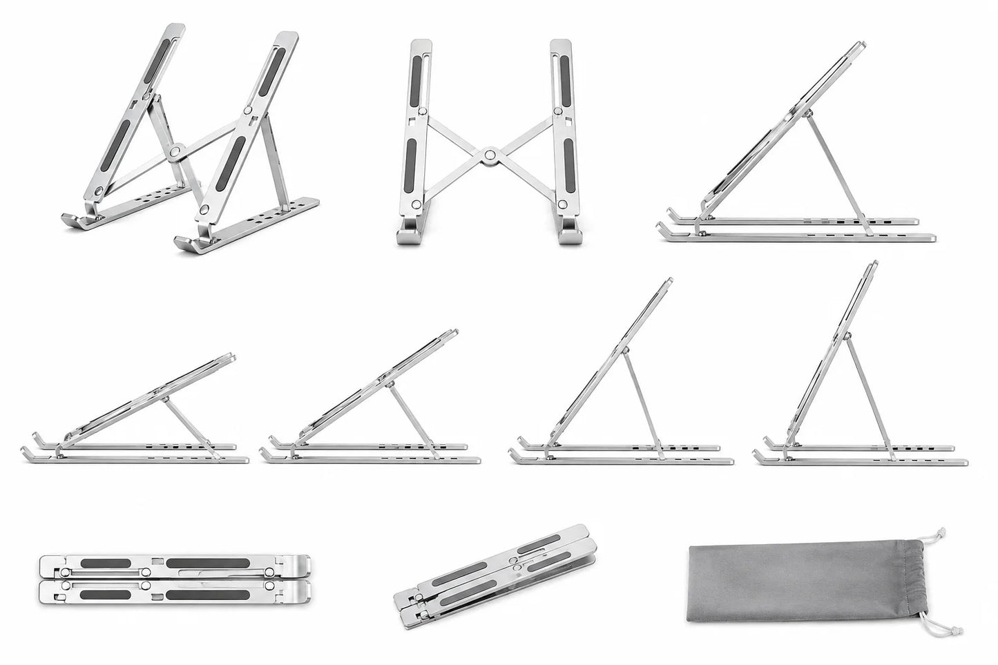 Aluminium Laptop Stand Silver & Black With Detachable Single & Dual Fan Stand For Laptop - 7 Gear To Adjust Height & Anti Slip Rubber Grip - Full Metal Body Adjustable Portable And Foldable Laptop Stand