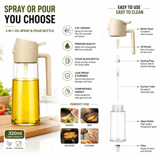 2 in 1 Oil Bottle – 500ML Oil Spray Bottle & Oil Dispenser | Multifunction Glass Oil Sprayer for Cooking, BBQ | Olive Oil Spray Bottle & Oil Dispenser for Air Fryer, Grilling, Salad | Kitchen Oil Sprayer & 2 in 1 Oil Bottle for Daily Use