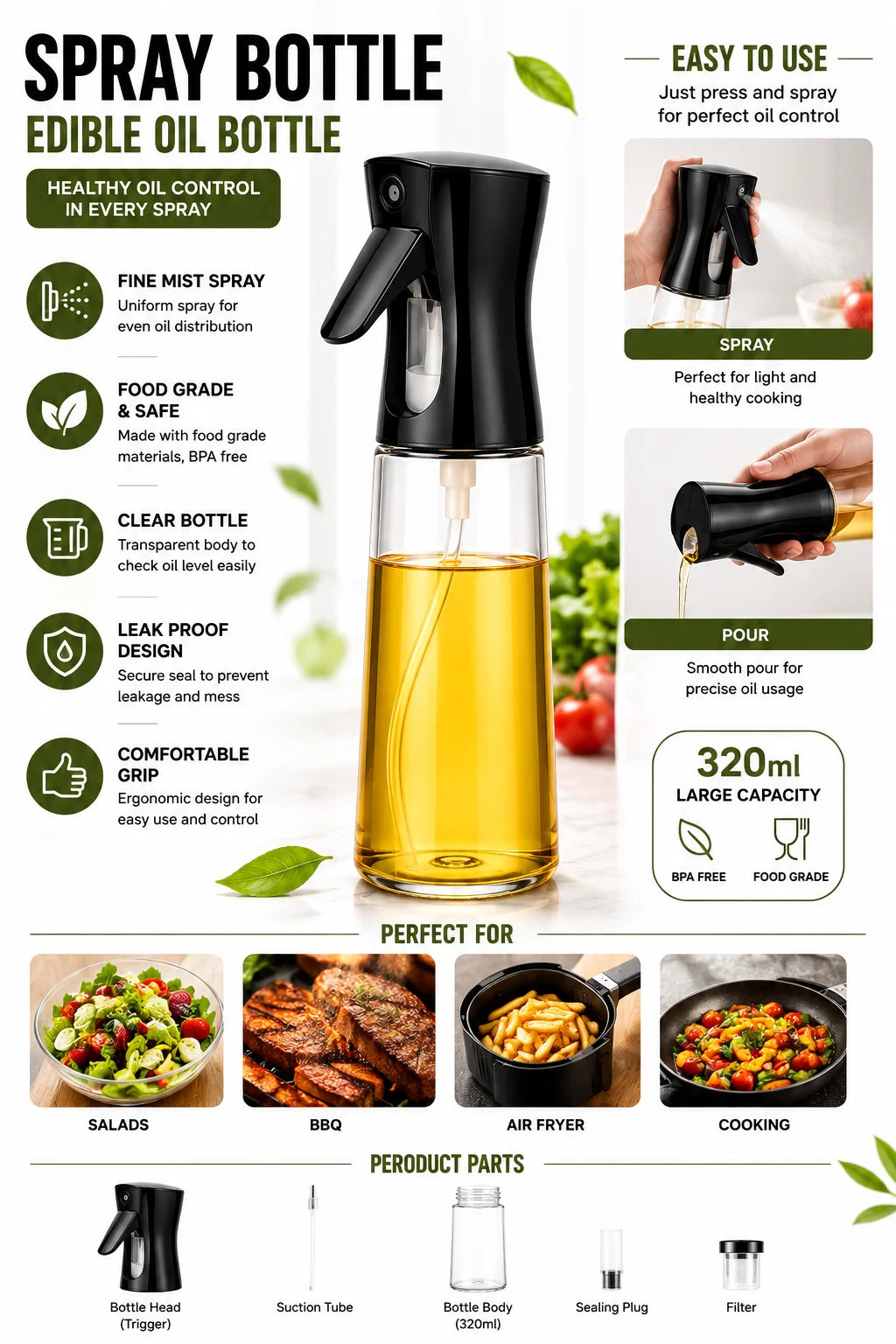 Oil Sprayer bottle for Cooking (200ml) Olive Oil Spray Bottle Continuous Spray with Portion Control, Suitable for Multiple Scenarios. Highly Trusted by Chefs