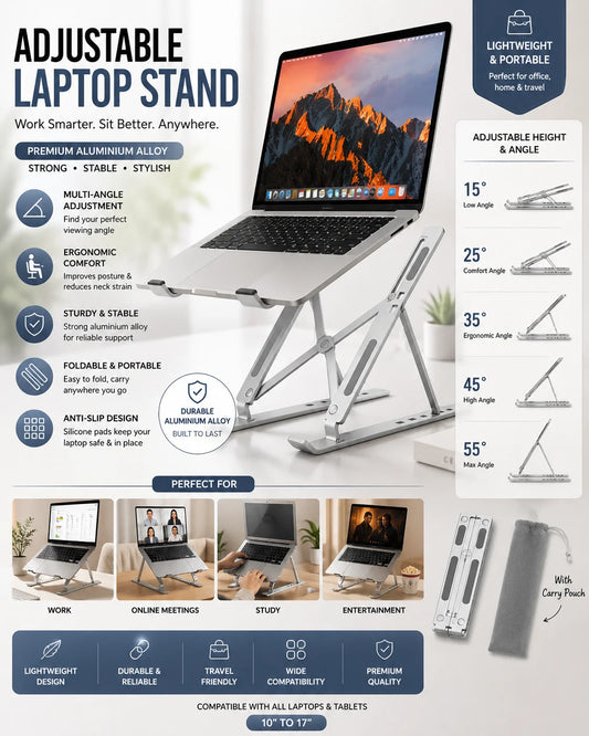 Aluminium Laptop Stand Silver & Black With Detachable Single & Dual Fan Stand For Laptop - 7 Gear To Adjust Height & Anti Slip Rubber Grip - Full Metal Body Adjustable Portable And Foldable Laptop Stand