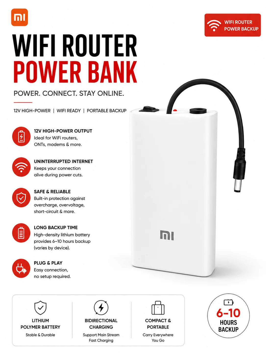 12V WiFi Router Power Bank - Portable Router UPS Backup